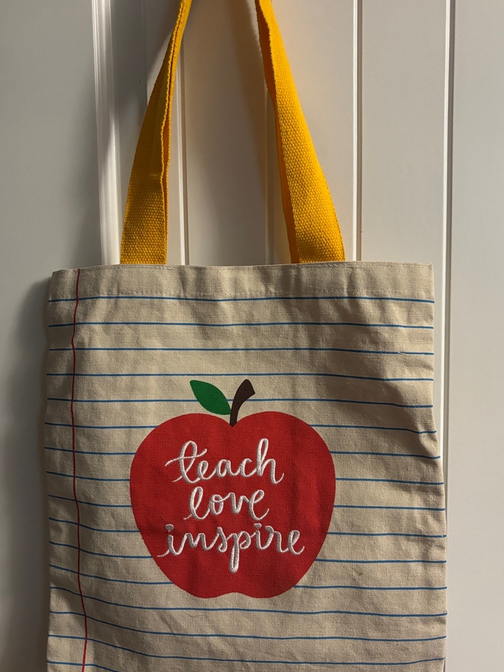 Canvas 'Teach Love Inspire' Apple Tote Bag with Yellow Straps - Picture 2 of 4